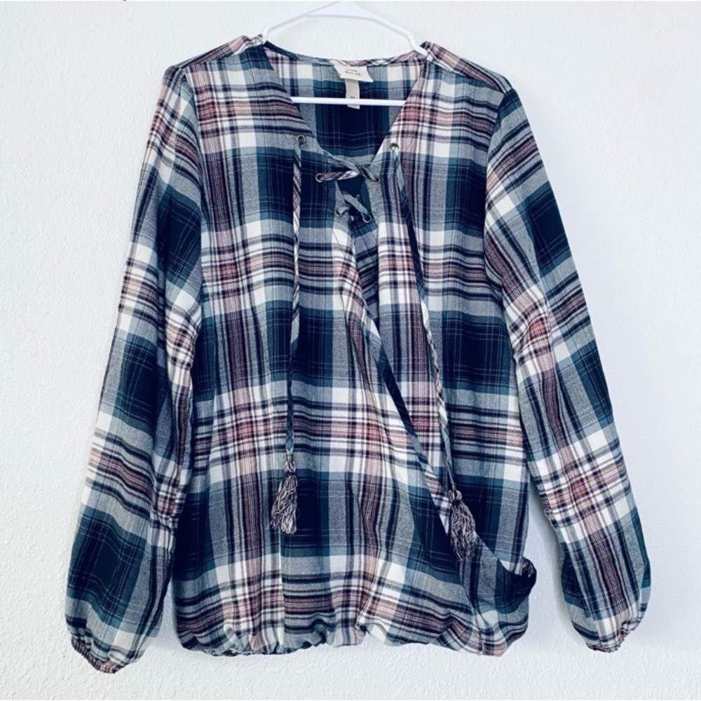 Knox Rose Plaid Faux Wrap Tassel Laceup Collar Bubble Hem Pullover Top XL